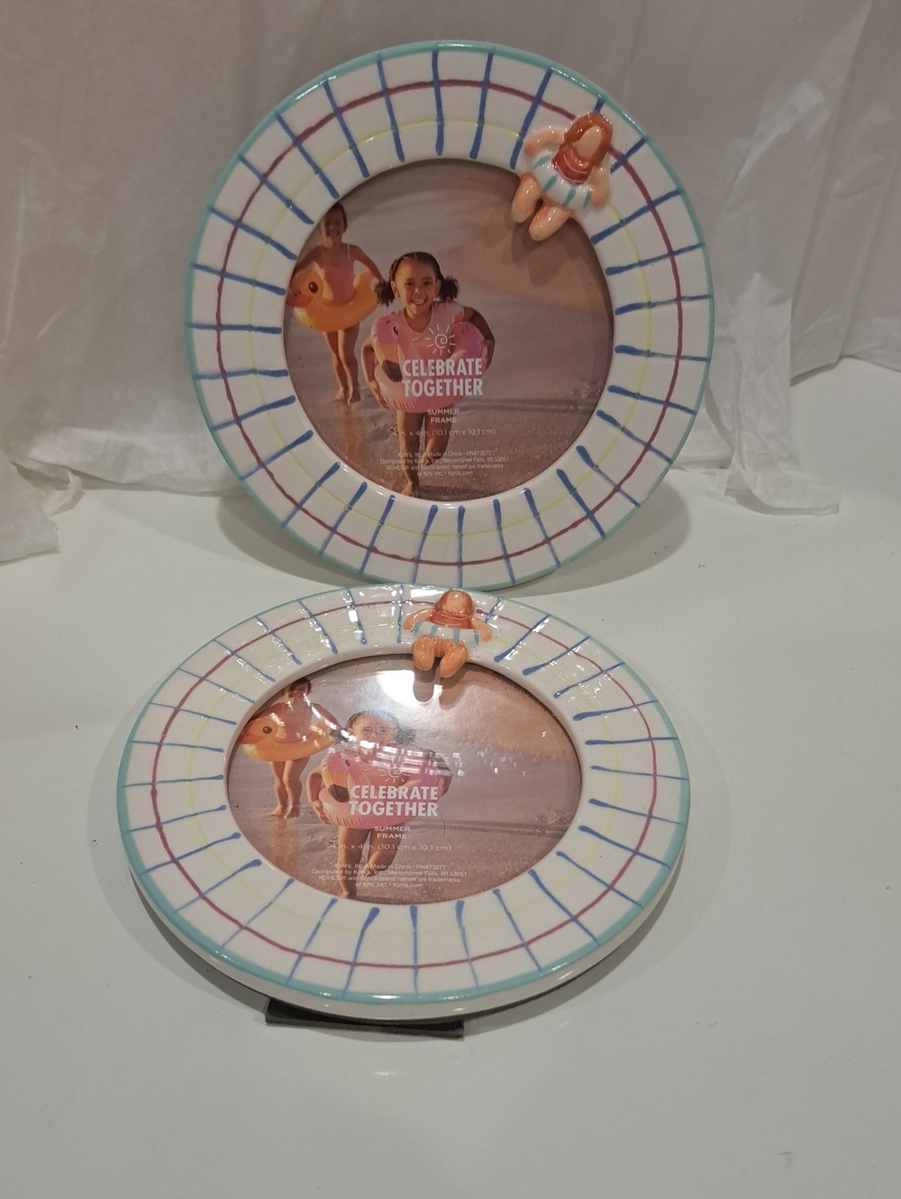 NWT 2 Celebrate Together Rnd Ceramic Picture Frames. 6" D W/3 1/2" Opening Pool